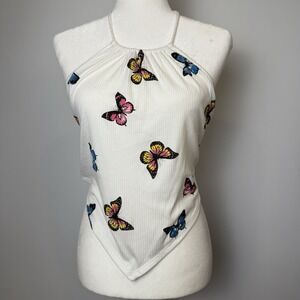 Vintage Papaya Y2K Ribbed Knit Butterfly Halter Tank Top‎ Size Medium/Large